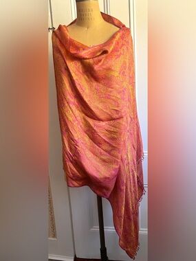 🩷🧡 Bajra Luxury Silk Floral Paisley Pink Orange Fringe Summer Scarf Wrap Shawl